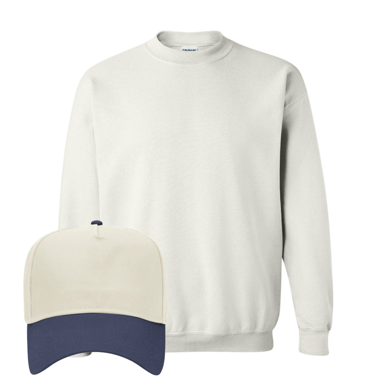 White crewneck + cream-navy “GAMEDAY” hat.