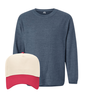 Pigment blue crewneck + cream-red “GAMEDAY” hat.