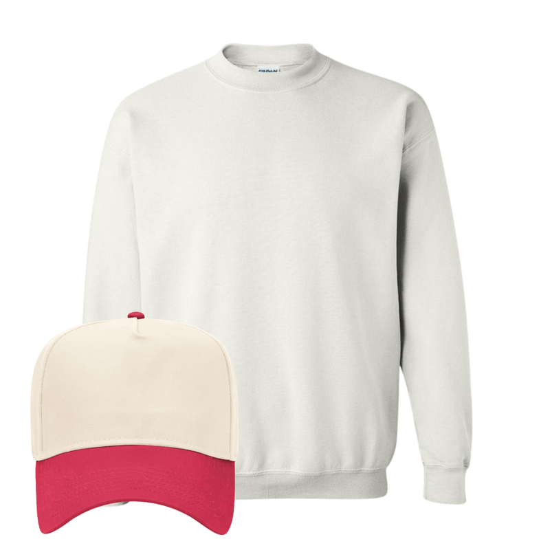 White crewneck + cream-red “GAMEDAY” hat.
