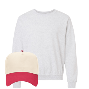 Heather gray crewneck + cream-red “GAMEDAY” hat