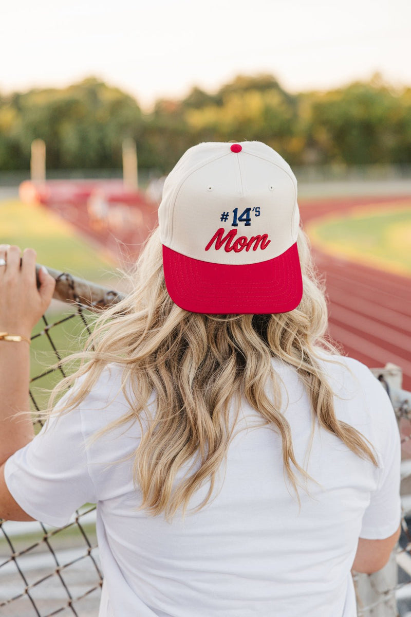 Back view at track of Custom #'s Mom 3D Puff Vintage Trucker Hat, red brim, stitched “#14’s Mom.”