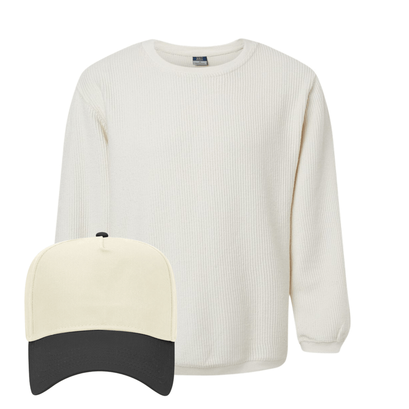 Ribbed ivory crewneck + cream-black
“GAMEDAY” hat.
