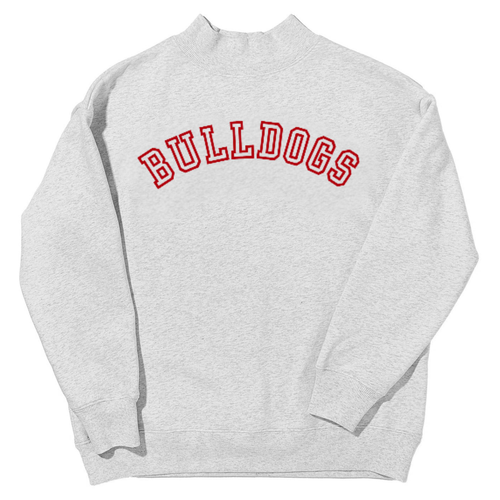 Heather gray mockneck sweatshirt with 'BULLDOGS' embroidered in red collegiate block letters across the chest