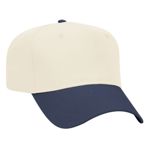 Cream cap with navy bill, curved brim, and mesh back.