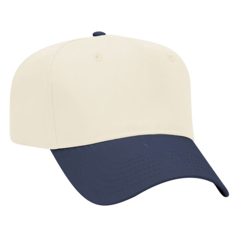 Cream cap with navy bill, curved brim, and mesh back.