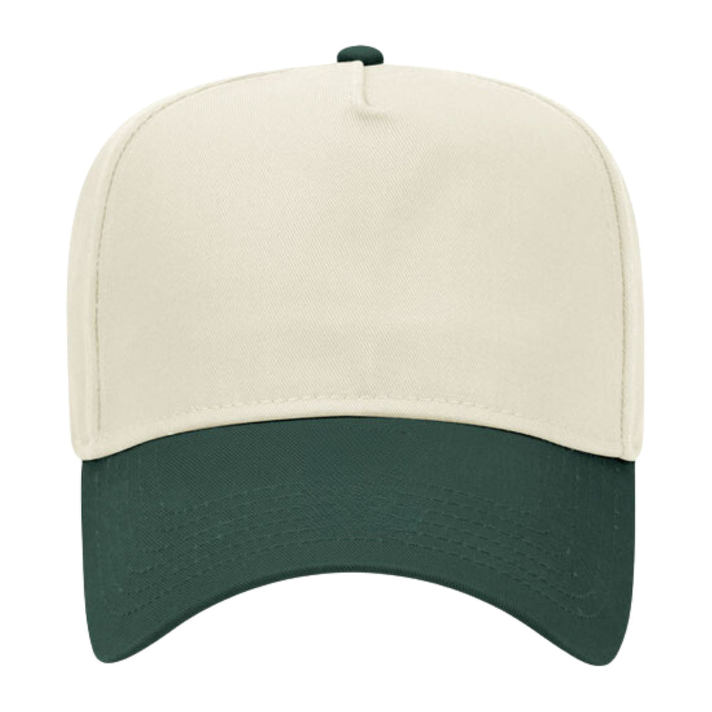 Cream vintage trucker hat with forest-green brim, blank crown.