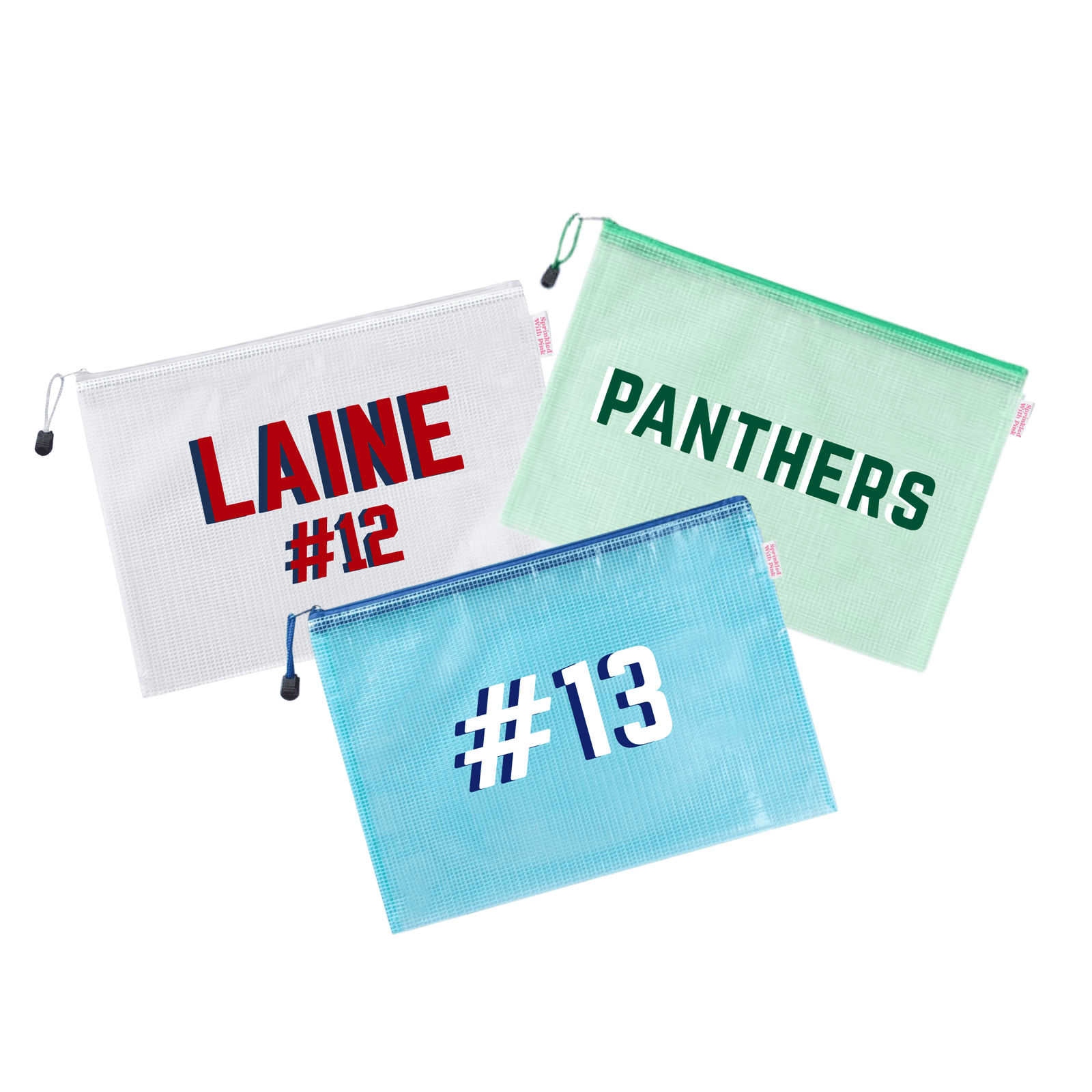 Three mesh pool bags in red, teal, and green, with bold embroidery: “LAINE #12,” “#13,” “PANTHERS”