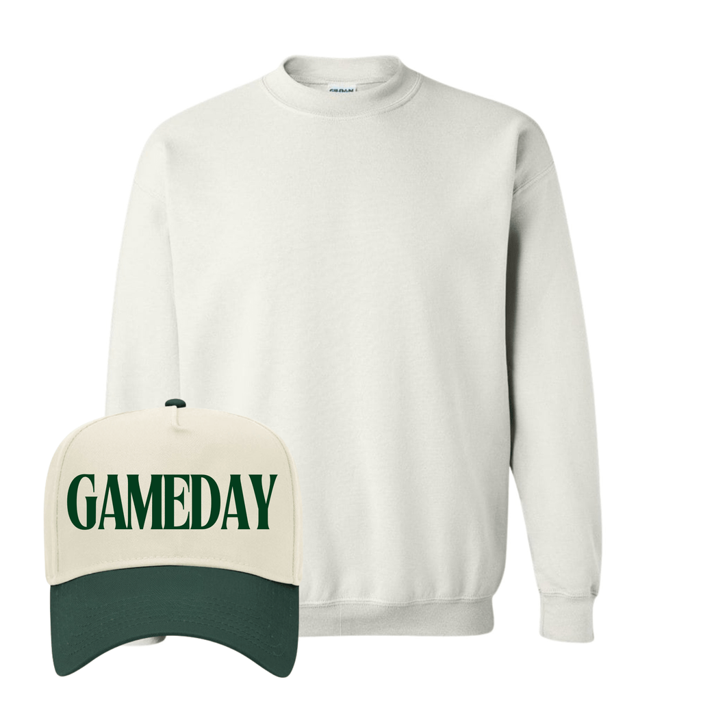 Heather gray crewneck with cream-green “GAMEDAY” cap.