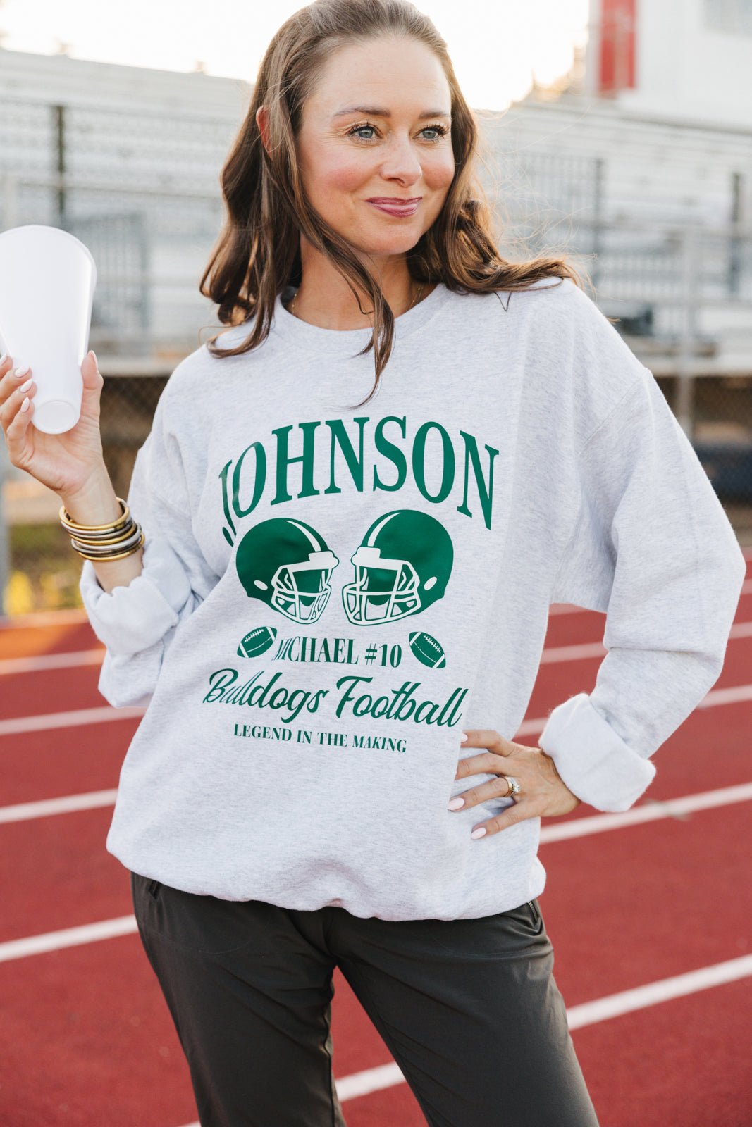 White Wildcats football crewneck with cream-red “GAMEDAY” cap, Custom Gameday Sweatshirt & Vintage Trucker Hat Bundle.