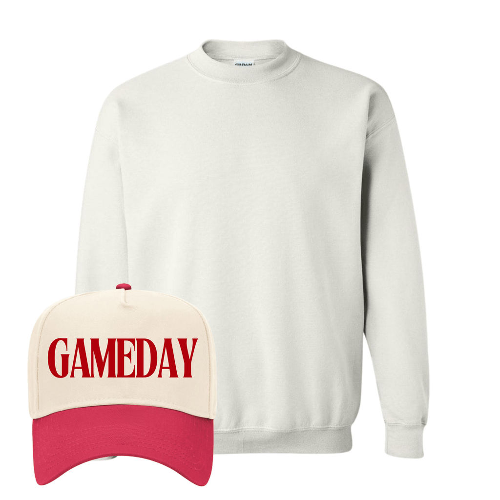 Light gray crewneck with cream-red “GAMEDAY” cap.