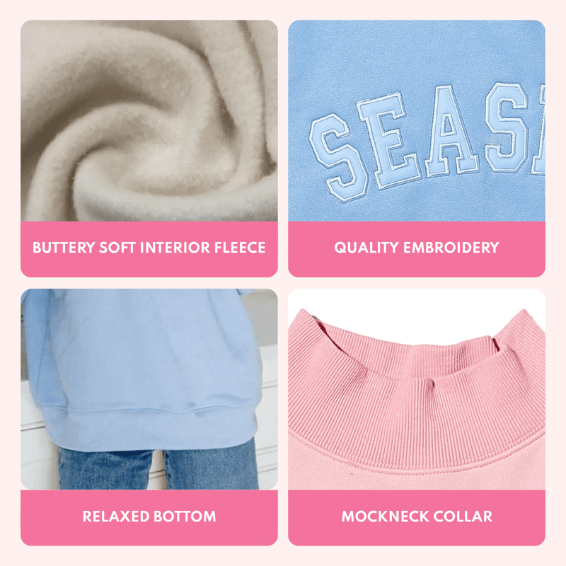 Close-up of soft interior fleece texture, a light blue mockneck sweatshirt appliqued 'Seaside' in white, a relaxed sweatshirt hem, and a pink ribbed mockneck collar, with text describing buttery soft interior fleece, quality embroidery, relaxed bottom, and mockneck collar.