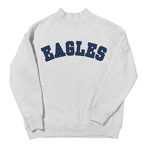 Heather gray mockneck sweatshirt embroidered with 'EAGLES' in navy collegiate block letters