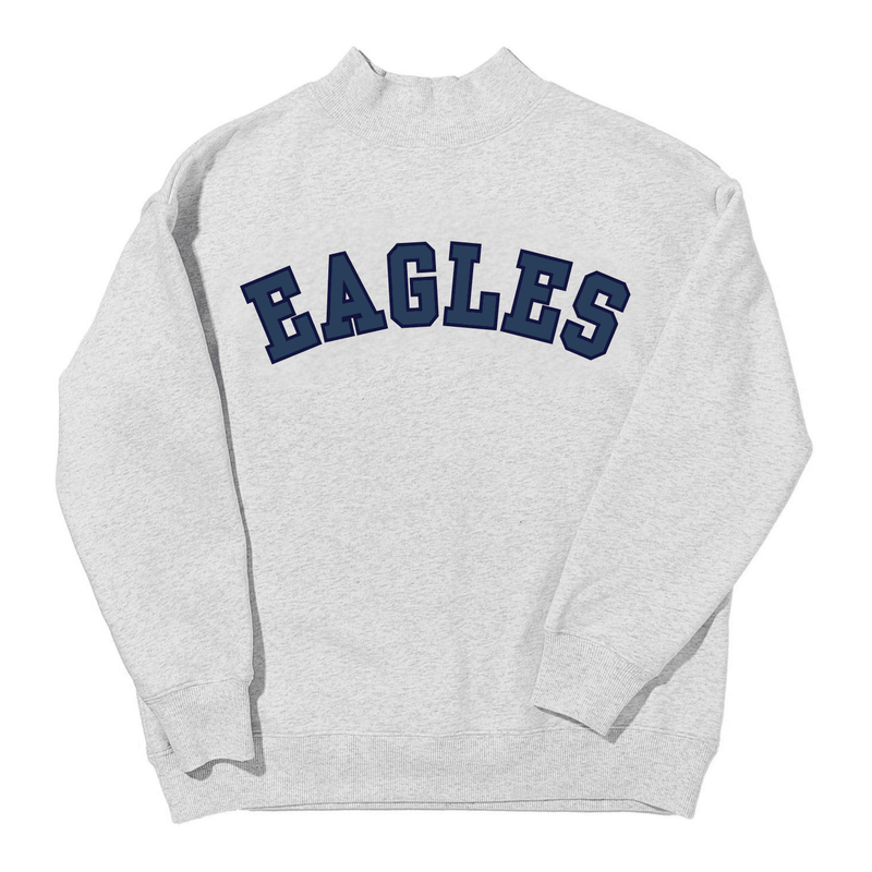 Heather gray mockneck sweatshirt embroidered with 'EAGLES' in navy collegiate block letters