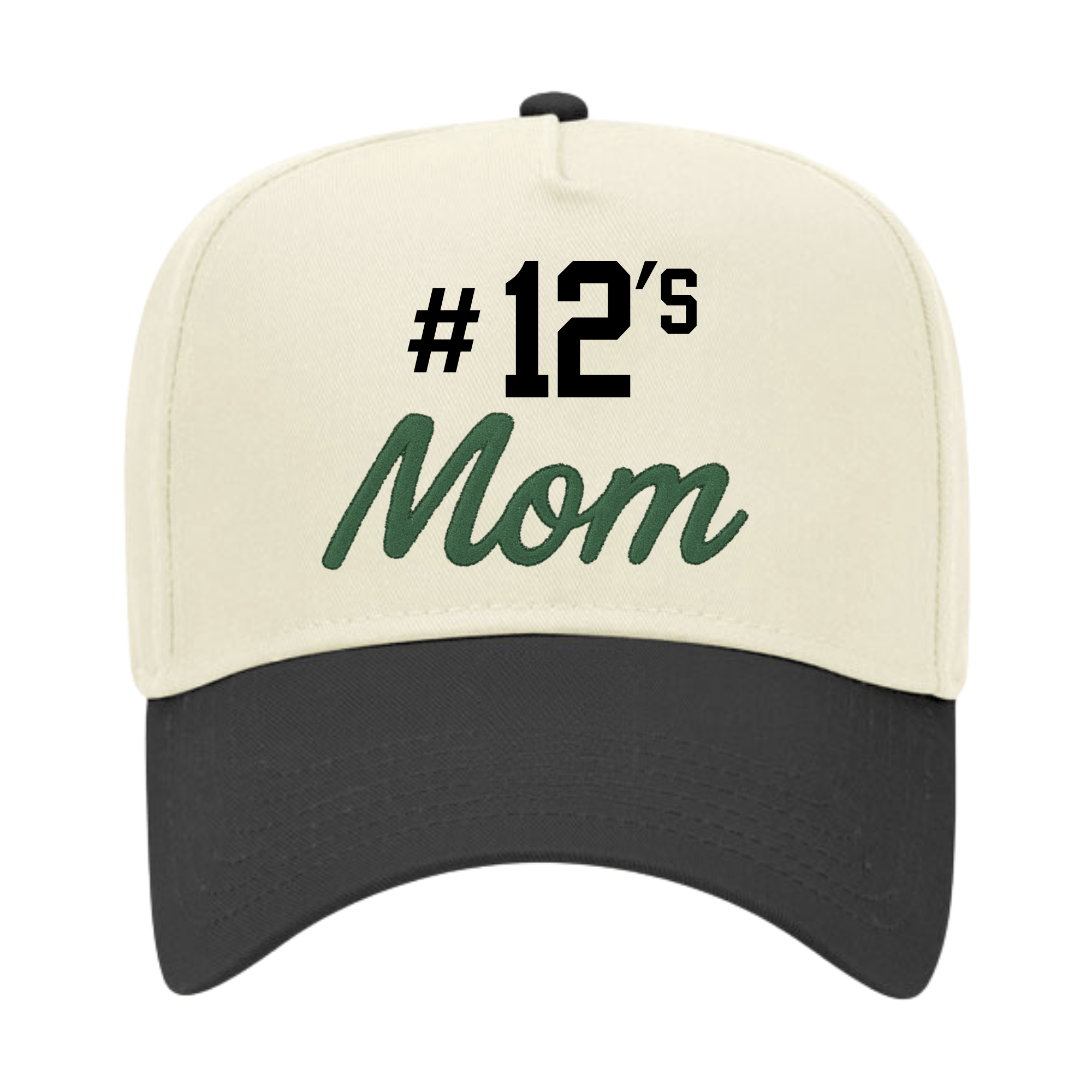 Cream vintage trucker hat with black brim, embroidered “#12’s Mom” in black and green 3D puff.