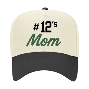 Cream vintage trucker hat with black brim, embroidered “#12’s Mom” in black and green 3D puff.