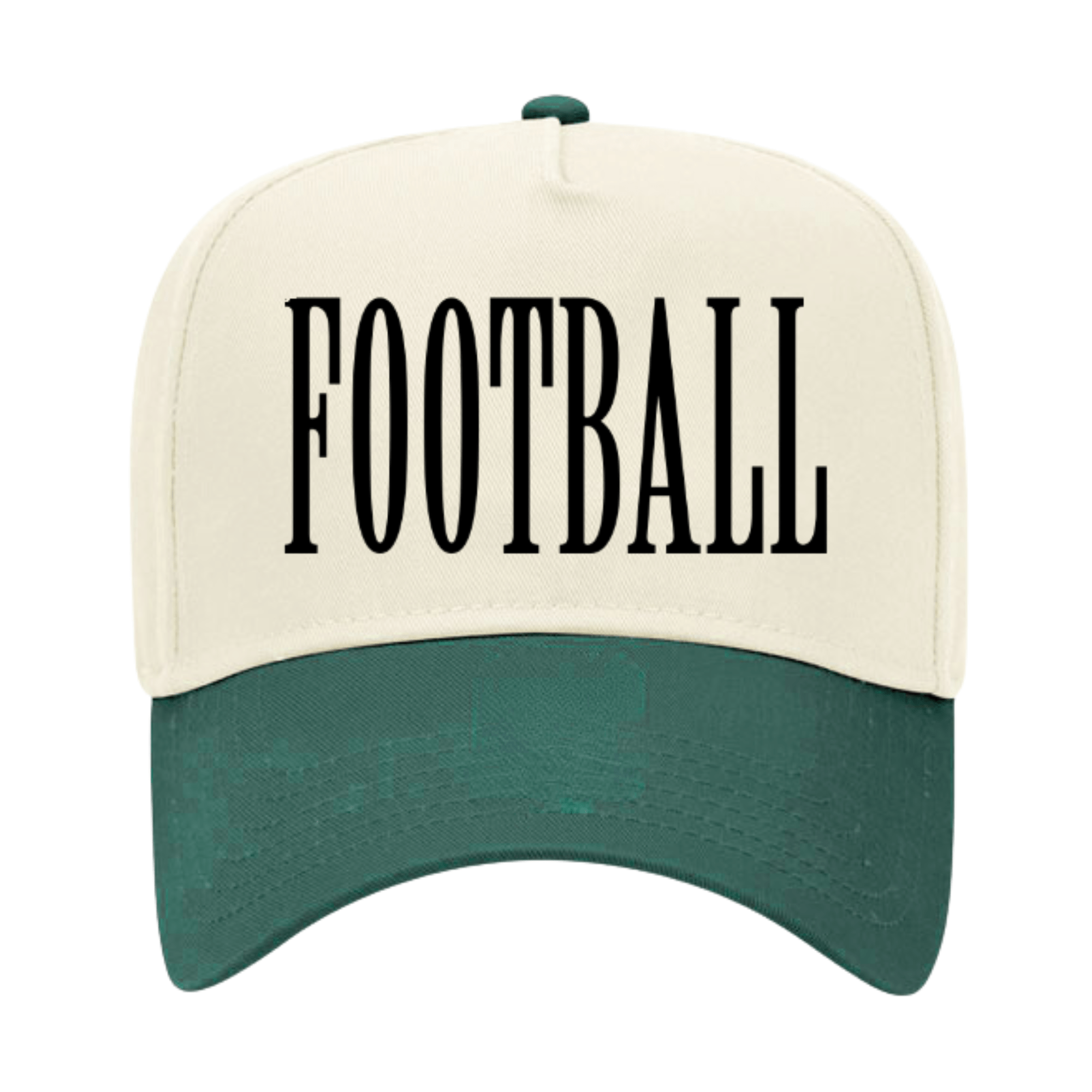 Cream and forest-green vintage trucker hat with bold “FOOTBALL” embroidery in classic serif lettering.