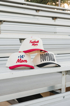 Stacked stadium caps, “Football Mom,” “#14’s Mom,” and bold “FOOTBALL”, Custom Sport 3D Puff Vintage Trucker Hat.