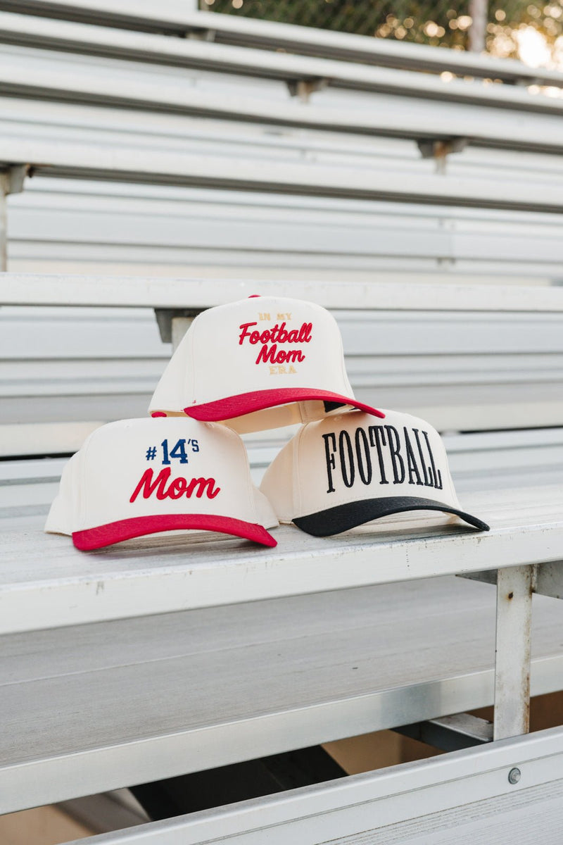 Stacked stadium caps, “Football Mom,” “#14’s Mom,” and bold “FOOTBALL”, Custom Sport 3D Puff Vintage Trucker Hat.