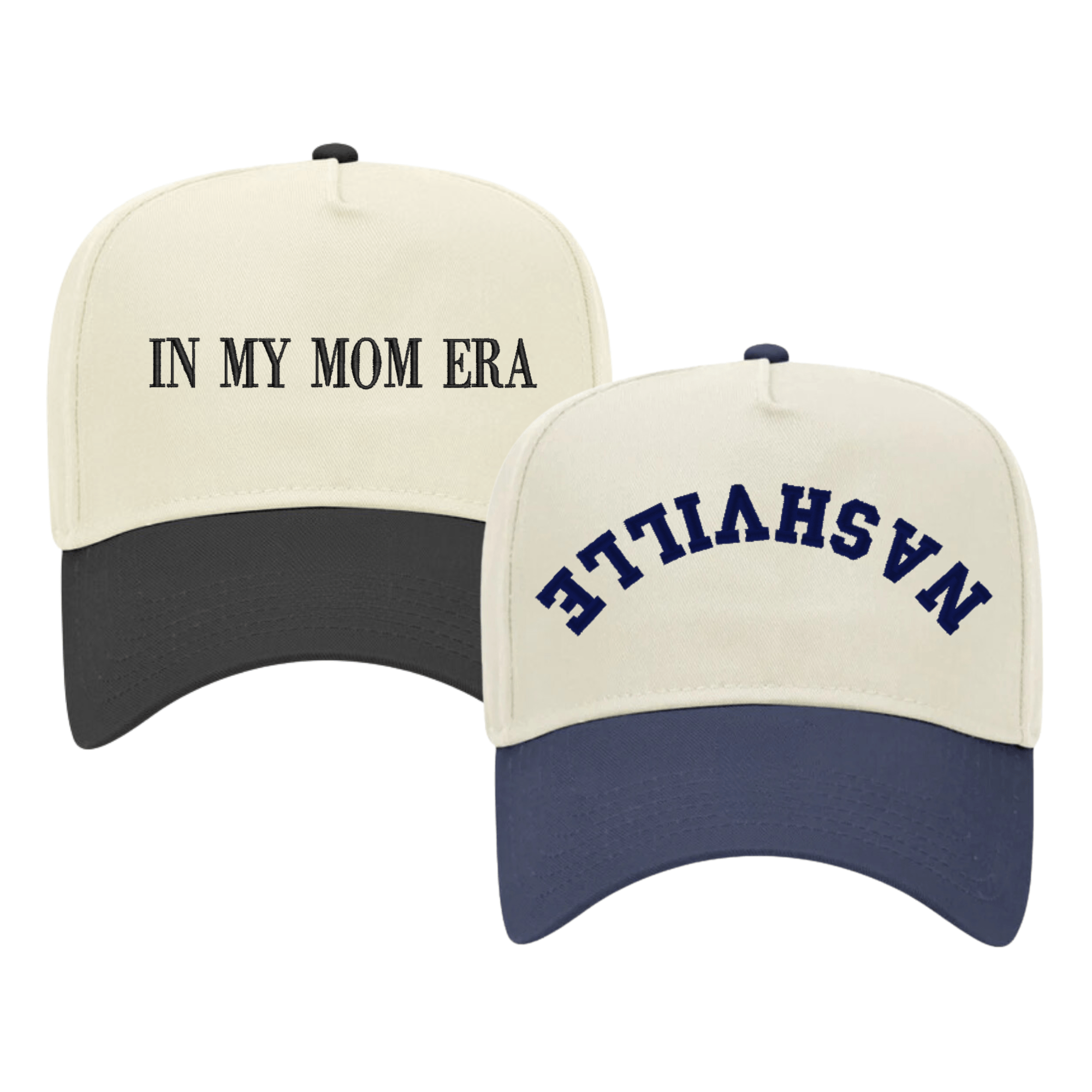 Vintage embroidered trucker hat with “In My Mom Era” and “Nashville” designs, trendy personalized gift from Sprinkled With Pink.