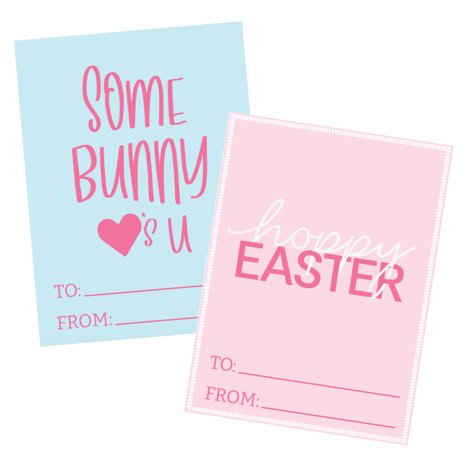 Two Easter-themed cards on a white background, one blue with 'Some Bunny Loves You' and one pink with 'Happy Easter'.