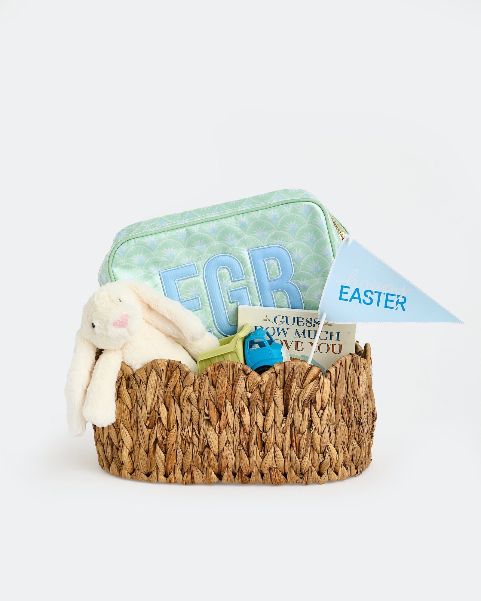 Three colorful Easter-themed flags with text on a white background