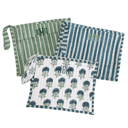 Set of Embroidered Block Print Flat Pouches in striped and floral prints, customized with embroidered initials.