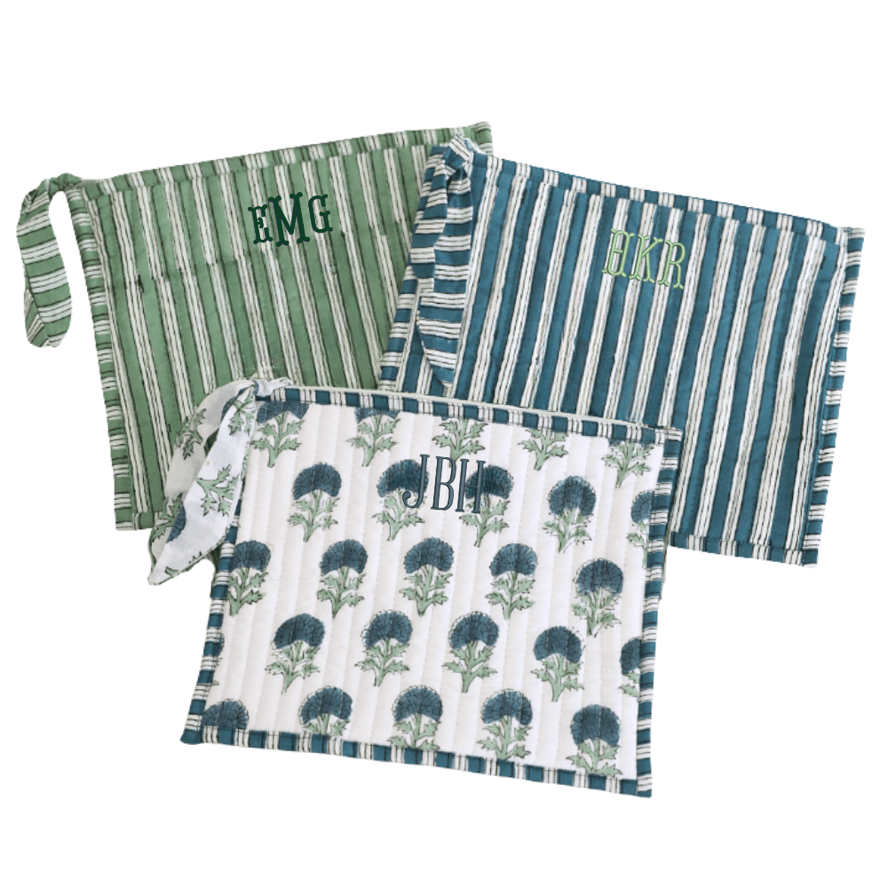 Set of Embroidered Block Print Flat Pouches in striped and floral prints, customized with embroidered initials.