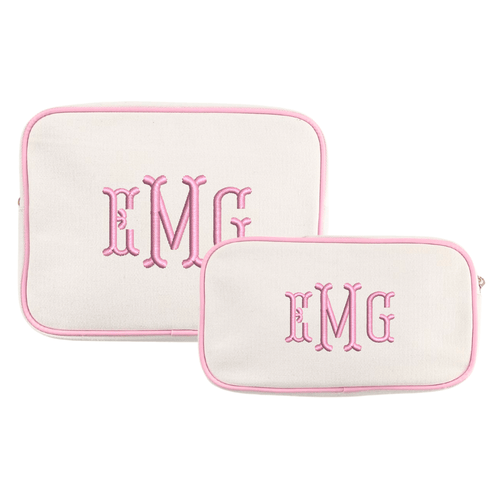 White and pink canvas pouch set with embroidered monogram personalization.