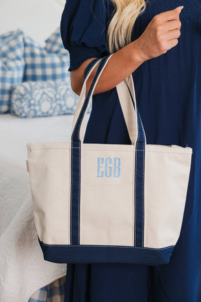 Monogrammed canvas tote bag with embroidered initials, lightweight tote for shopping or travel