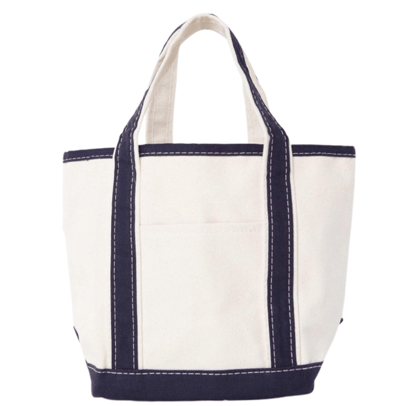 Embroidered Teacher Canvas Tote in natural canvas with navy-blue trim, sturdy handles, front pocket 