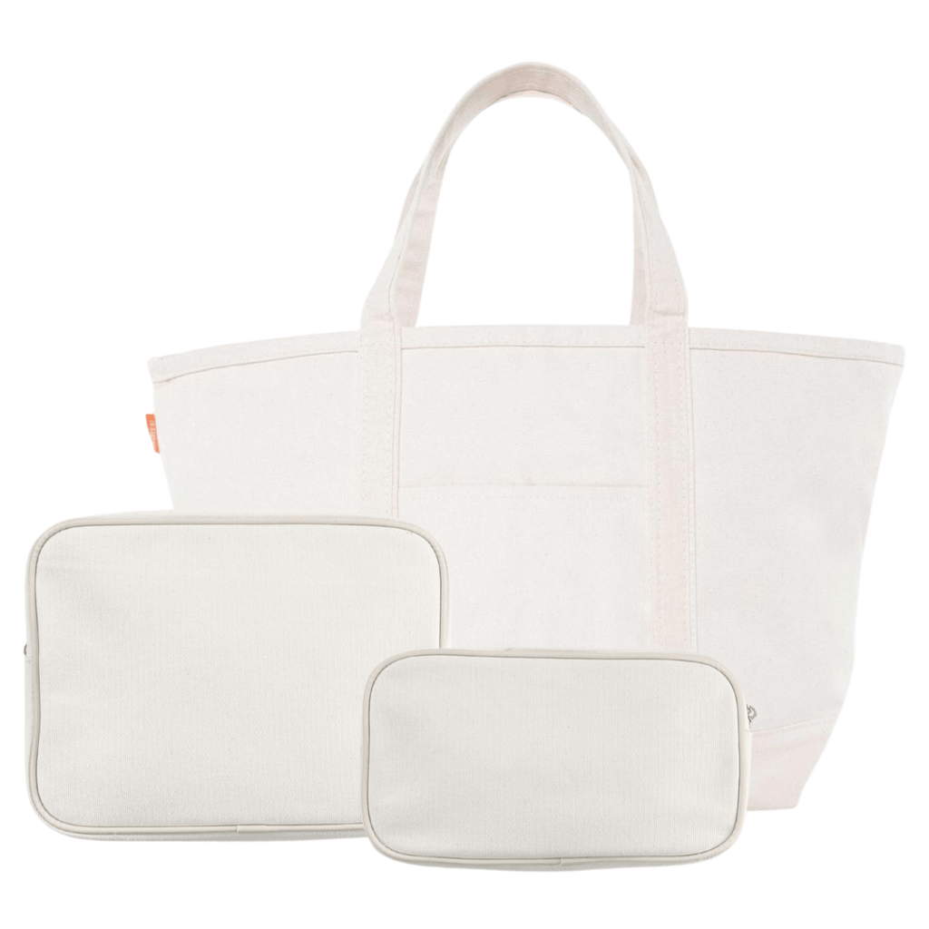 White canvas tote and pouch bundle with neutral appliqué.
