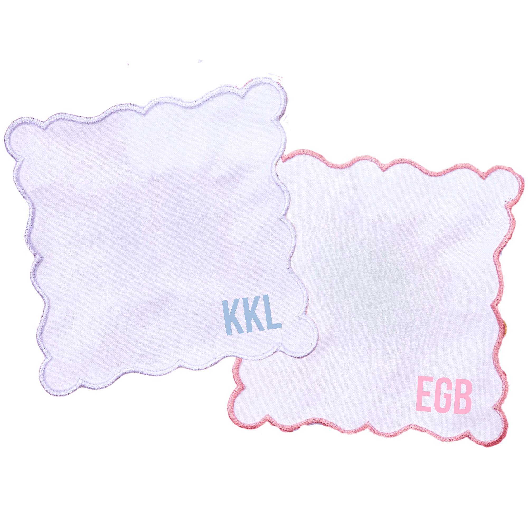 Set of 4 Monogram Scalloped Cocktail Napkins with embroidered initials.