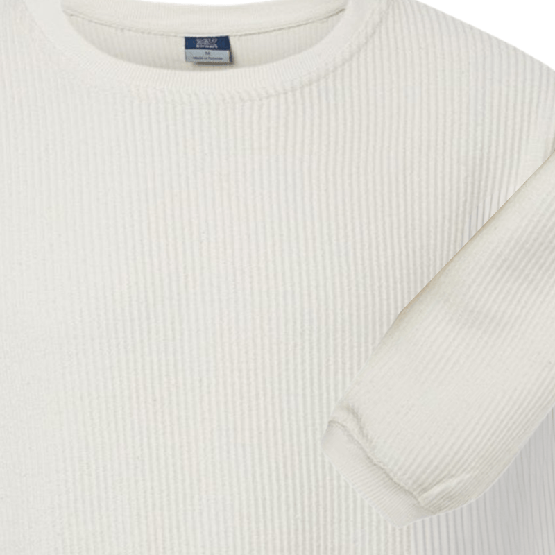 Off-white waffle-knit sweatshirt showing ribbed crew neckline and sleeve cuff ideal for embroidered collar