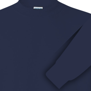 Navy crewneck sweatshirt laid flat showing ribbed collar and cuff, ready for custom collar or sleeve embroidery