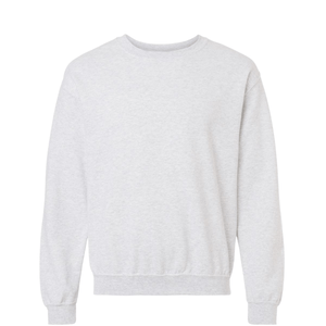 Heather gray crewneck sweatshirt with ribbed cuffs and hem, soft fleece interior, and blank front ready for custom gameday embroidery.