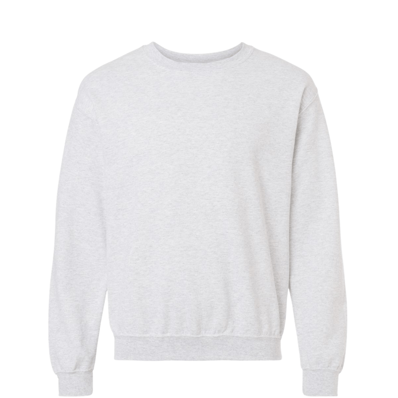 Heather gray crewneck sweatshirt with ribbed cuffs and hem, soft fleece interior, and blank front ready for custom gameday embroidery.