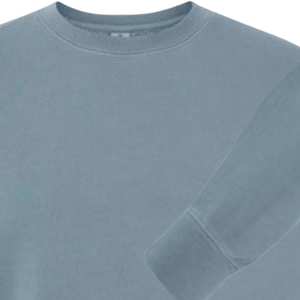 Blue crewneck sweatshirt flat lay showing ribbed collar and sleeve cuff ready for custom gameday embroidery.