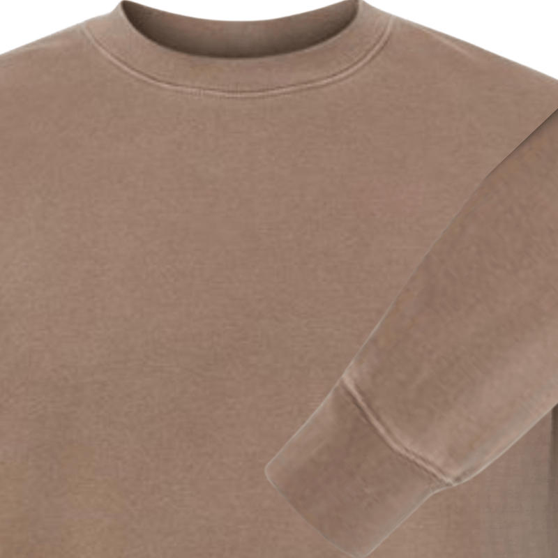 Flat lay of brown crewneck sweatshirt showing ribbed collar and sleeve cuff, ready for gameday embroidery.