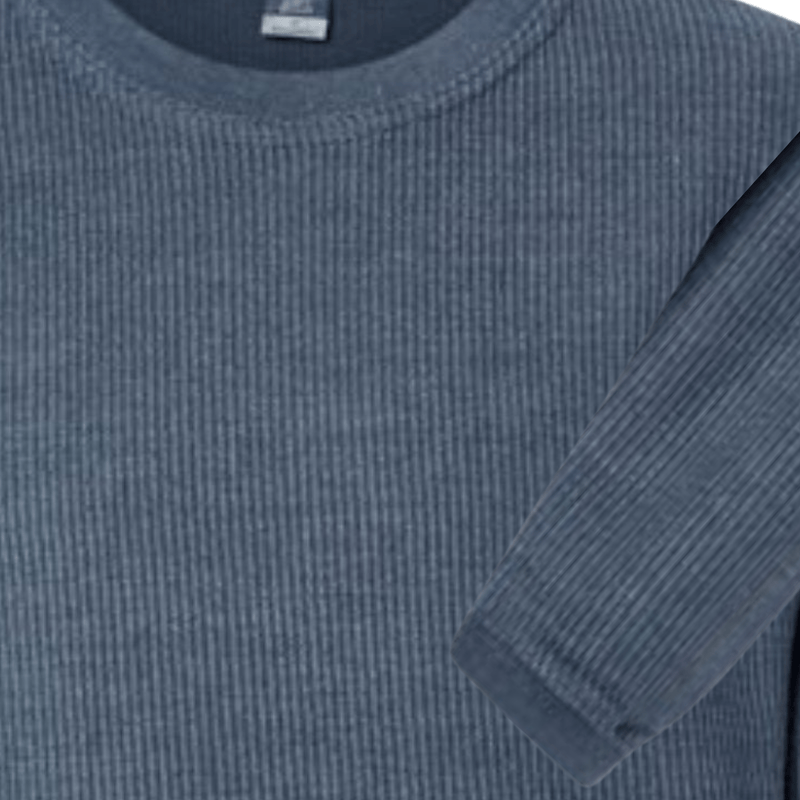 Slate-blue waffle-knit sweatshirt featuring ribbed crewneck and cuff, ideal for gameday collar