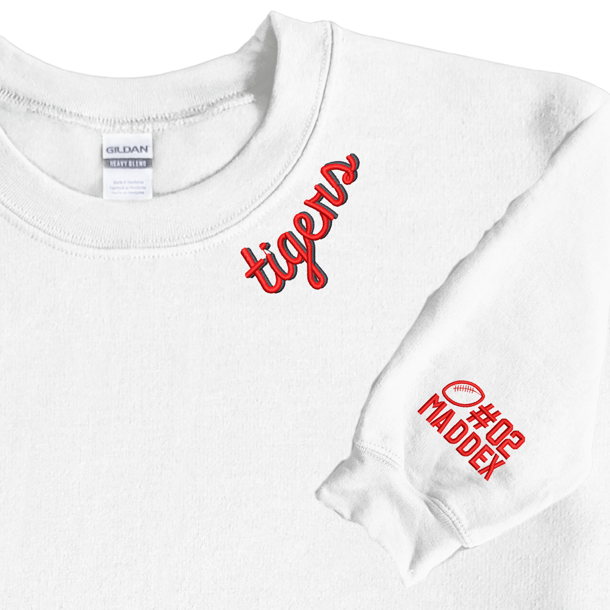 Two white sweatshirts with green and orange embroidered script on collar and sleeve