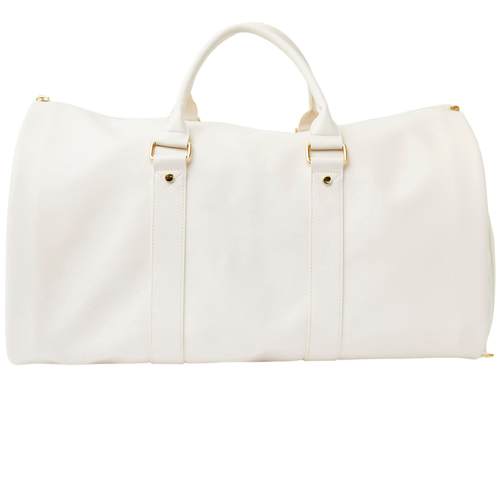 Embroidered convertible garment duffel bag with fold-out design and durable fabric exterior