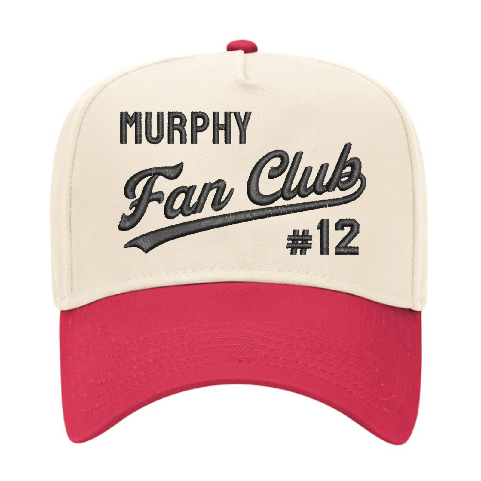 Cream vintage trucker hat with red brim, embroidered “Murphy Fan Club #12” in black script.
