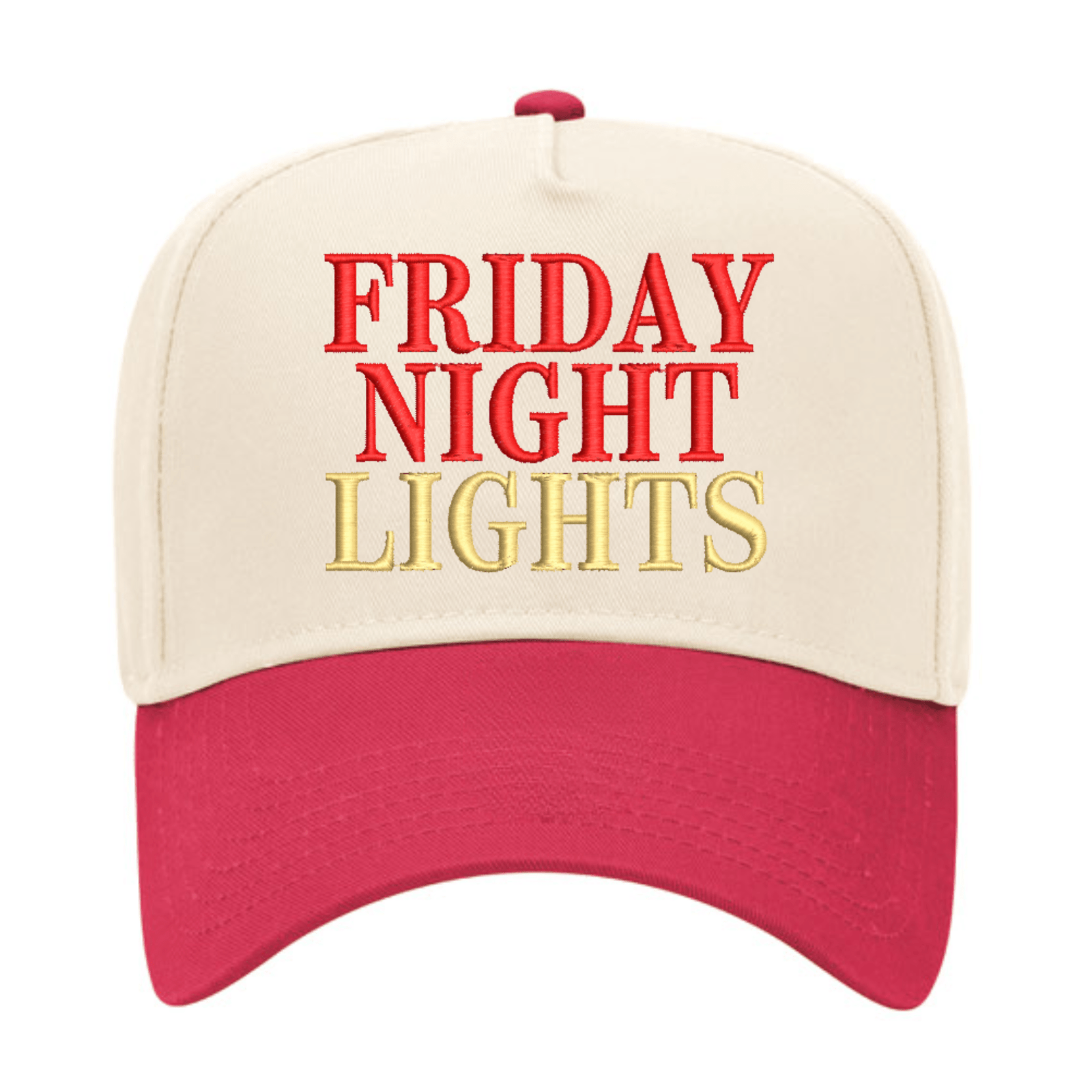 Cream/red trucker hat embroidered “Friday Night Lights”