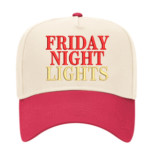 Cream/red trucker hat embroidered “Friday Night Lights”