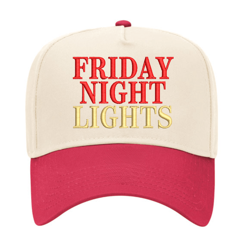 Cream/red trucker hat embroidered “Friday Night Lights”