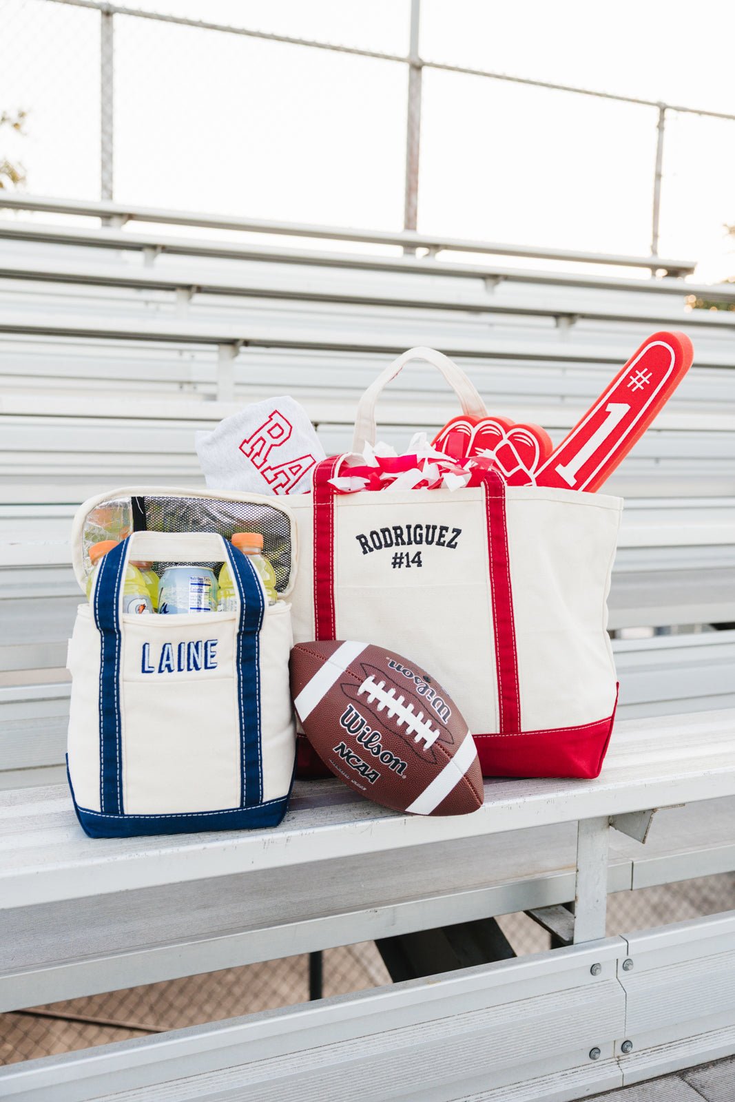 Embroidered Gameday Canvas Tote & Cooler Tote Bundle, natural canvas with red trim, personalized “SMITH” on both bags.