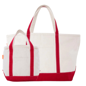 Embroidered Gameday Canvas Tote & Cooler Tote Bundle, natural canvas boat tote with matching red-trim insulated cooler.