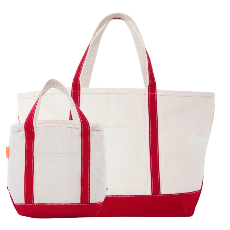 Embroidered Gameday Canvas Tote & Cooler Tote Bundle, natural canvas boat tote with matching red-trim insulated cooler.