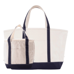 Embroidered Gameday Canvas Tote & Cooler Tote Bundle, large boat tote and matching navy-trim cooler bag in natural canvas.