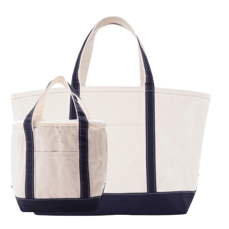 Embroidered Gameday Canvas Tote & Cooler Tote Bundle, large boat tote and matching navy-trim cooler bag in natural canvas.
